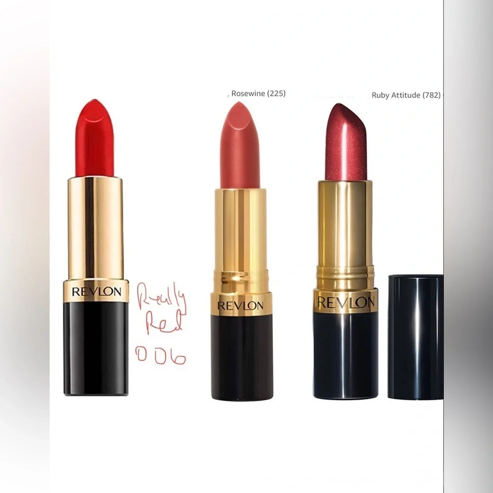 3 Revlon Matte & super lustrous Lipsticks - really red, ruby attitude, rosewine